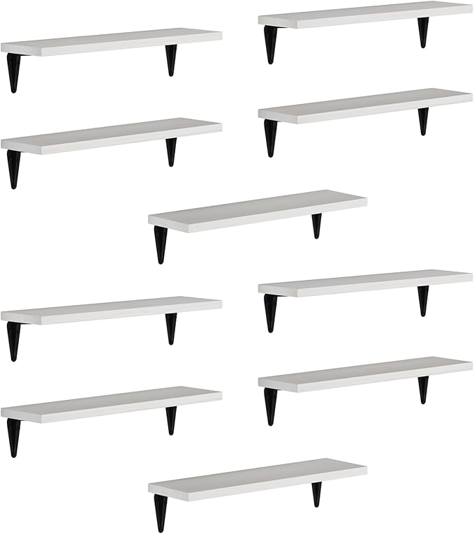 Wallniture Arras Wood Floating Shelves for Wall Storage, Small Bookshelf, Hanging Book Shelves for Living Room, Bedroom, Office, Burnt Finish, Set of 10 (White)
