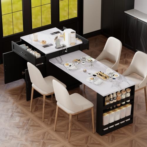 Kitchen Island with Extendable Dining, 82.7" Mobile Kitchen Storage Islands with Double-Sized Storage, Rolling Kitchen Cart with Power Outlet, Cabinet & 2 Drawers & 2 Side Open Shelves (Black)
