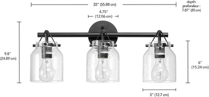 Globe Electric 63000207 5-Piece All-in-One Bathroom Set, 22" 3-Light Vanity Light, Matte Black, Seeded Glass Shades, Towel Bar, Robe Hook, Toilet Paper Holder, Towel Ring, Bathroom Lights Over Mirror