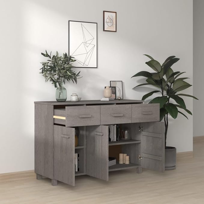 Light Grey Solid Pine Wood Sideboard, 3-Door Buffet Cabinet with Drawers, 44.5" Living Room Storage Furniture, Rectangular Entryway Coffee Station Kitchen Furniture