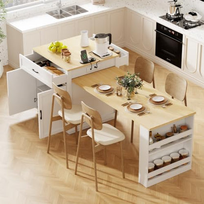 Kitchen Island with Extendable Dining, 82.7" Mobile Kitchen Storage Islands with Double-sized Storage, Rolling Kitchen Cart with Power Outlet, Cabinet & 2 Drawers & 2 Side Open Shelves (White)