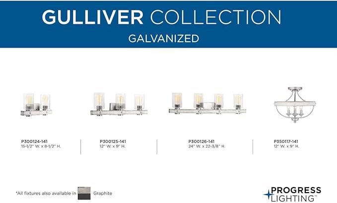 Progress Lighting Gulliver Collection 3-Light Clear Seeded Glass Coastal Bath Vanity Light Galvanized