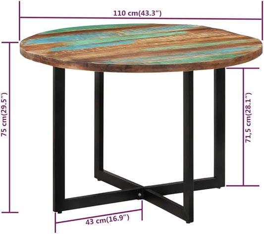 Round Dining Table 43.3 in Solid Reclaimed Wood Multicolor Small Kitchen Table Powder-Coated Finish Seats 4 for Modern Dining Room & Compact Spaces