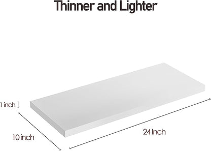 Wall Shelf Set of 1, White Floating Shelves 24 in W x 10 in D x 1 in H, Wooden Floating Wall Shelf with Invisible Brackets for Living Room/Bedroom/Bathroom/Kitchen Storage and Decor
