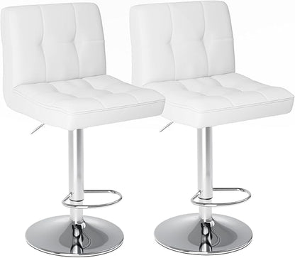 Sweetcrispy Bar Stools Set of 2, Armless PU Leather Adjustable Swivel Barstools, Hydraulic Kitchen Counter Height Thickened Seat Cushion Square Island Countertop Chairs with Back, White