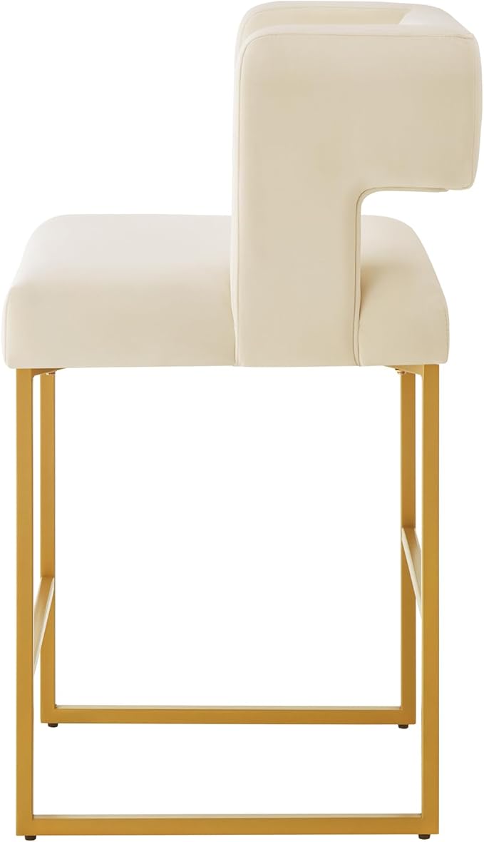 Counter Height Bar Stools with Unique Square Open Backrest, Set of 2 Bar Chairs with Sturdy Iron Legs, 26" H Counter Height Chairs for Kitchen Islands, Cream,Gold