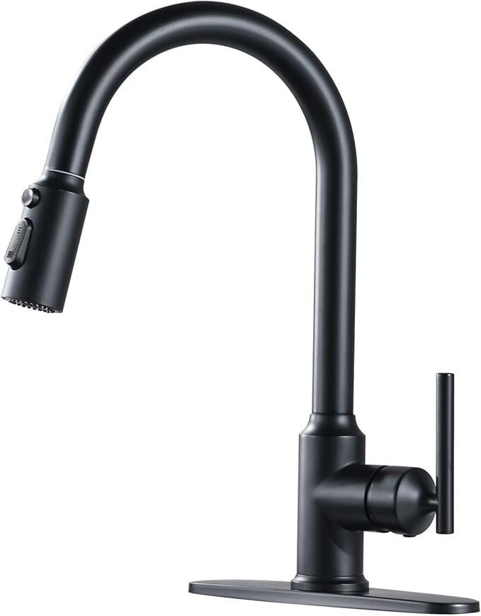 WOWOW Kitchen Faucets with Pull Down Sprayer, Matte Black Kitchen Sink Faucet with Sprayer, 304 Stainless Steel High Arc Single Handle Pull Down 3 Hole Black Bar Sink Water Faucets for Rv Sink Faucet
