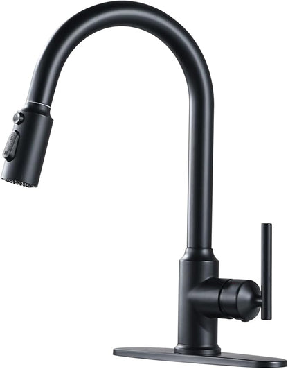 WOWOW Kitchen Faucets with Pull Down Sprayer, Matte Black Kitchen Sink Faucet with Sprayer, 304 Stainless Steel High Arc Single Handle Pull Down 3 Hole Black Bar Sink Water Faucets for Rv Sink Faucet