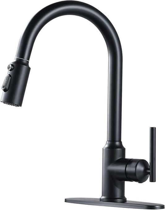 WOWOW Kitchen Faucets with Pull Down Sprayer, Matte Black Kitchen Sink Faucet with Sprayer, 304 Stainless Steel High Arc Single Handle Pull Down 3 Hole Black Bar Sink Water Faucets for Rv Sink Faucet