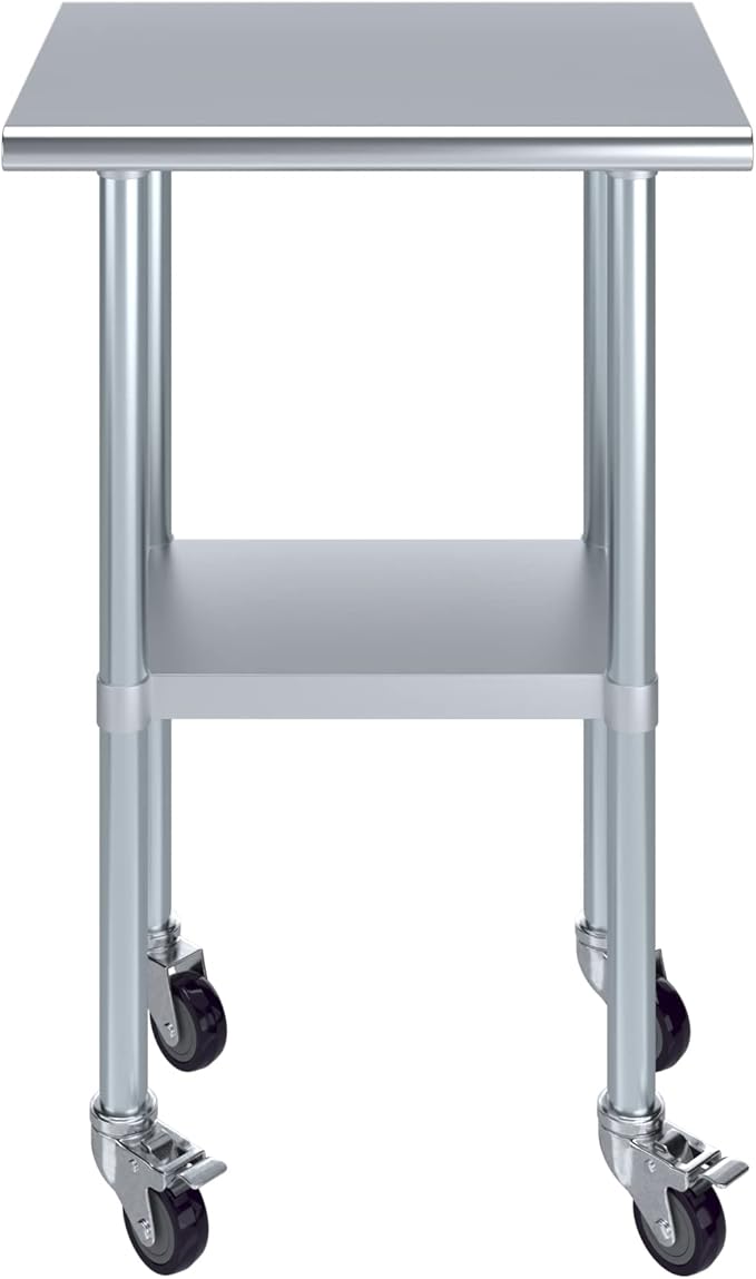Stainless Steel Work Table with Wheels | NSF Kitchen Island Food Prep | Laundry Garage Utility Bench (Table + Wheels, 24" Long x 18" Deep)