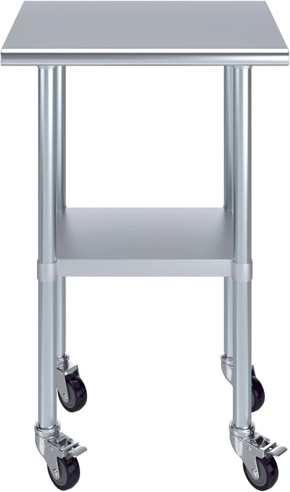 Stainless Steel Work Table with Wheels | NSF Kitchen Island Food Prep | Laundry Garage Utility Bench (Table + Wheels, 24" Long x 18" Deep)
