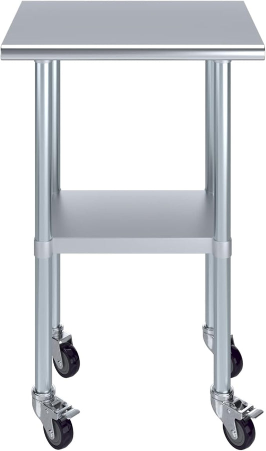 Stainless Steel Work Table with Wheels | NSF Kitchen Island Food Prep | Laundry Garage Utility Bench (Table + Wheels, 24" Long x 18" Deep)