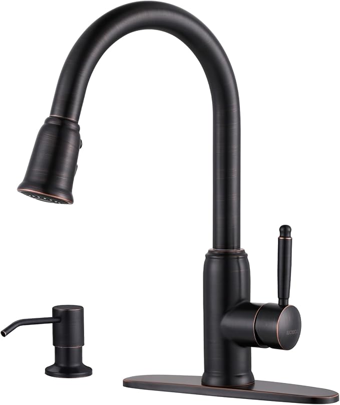 Bronze Kitchen Faucet with Soap Dispenser, WOWOW Stainless Steel Kitchen Faucet for Sink 2 or 4 Hole, High Arc Vintage Kitchen Sink Faucet with Pull Down Sprayer