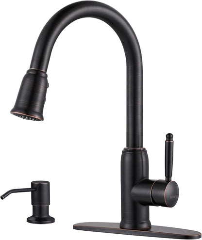 Bronze Kitchen Faucet with Soap Dispenser, WOWOW Stainless Steel Kitchen Faucet for Sink 2 or 4 Hole, High Arc Vintage Kitchen Sink Faucet with Pull Down Sprayer