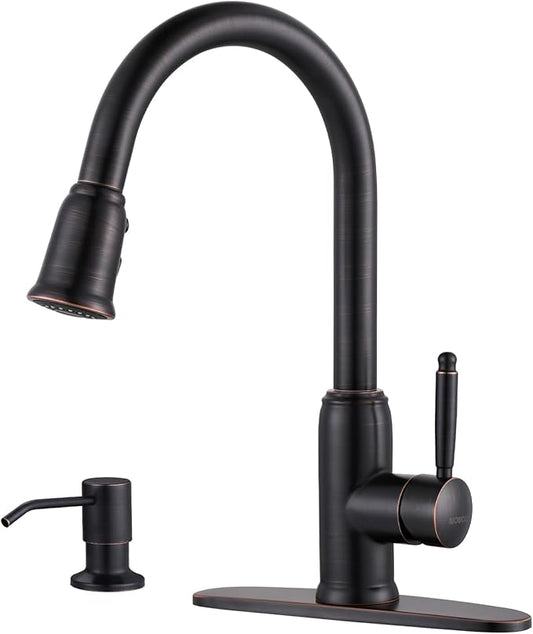 Bronze Kitchen Faucet with Soap Dispenser, WOWOW Stainless Steel Kitchen Faucet for Sink 2 or 4 Hole, High Arc Vintage Kitchen Sink Faucet with Pull Down Sprayer