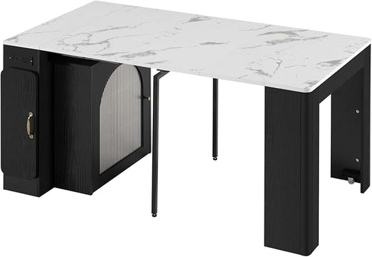 Extendable Dining Table with 3 Removable Middle Leaves, Mobile Rolling Island Table with Power Outlet, Saving-space Cabinet with Storage for Dining Room and Living Room (BLACK AND MARBLE WHITE)