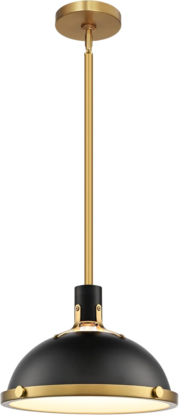 12.7 Inch Black and Gold Modern Pendant Lights, Industrial Dome Kitchen Island Pendant Lighting, 1-Light Small Ceiling Hanging Light Fixture with Opal Glass Diffuser, Over Sink Table Bar Hall
