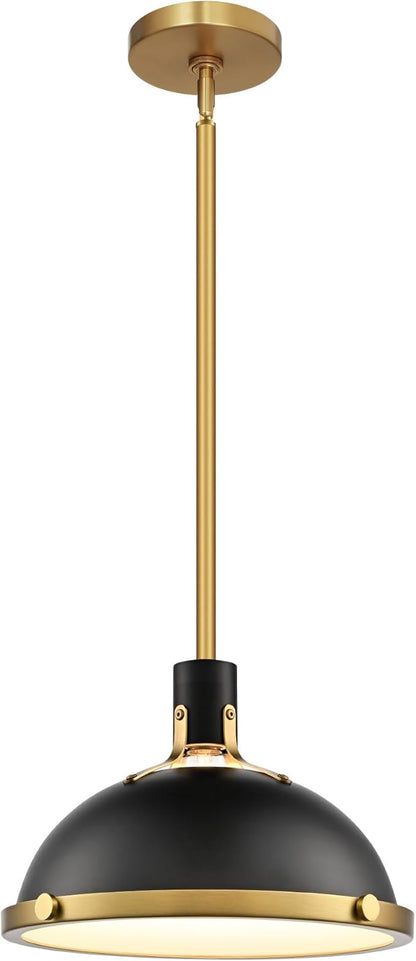 12.7 Inch Black and Gold Modern Pendant Lights, Industrial Dome Kitchen Island Pendant Lighting, 1-Light Small Ceiling Hanging Light Fixture with Opal Glass Diffuser, Over Sink Table Bar Hall