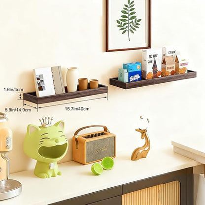 2 Pack 15.7 in Smoke Gray Floating Shelves for Wall, Wooden Wall Shelves for Bedroom Living Room Kitchen, Modern and Rustic Bathroom Shelves with Raised Lip, Floating Shelf for Storage Display