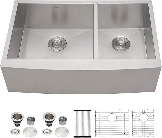 Kichae 33 Apron Double Farmhouse Sink - 33 Inch Apon Front Kitchen Farm Sink Stainless Steel 18 Gauge Double Bowl 60/40 Modern Handmade Farmhouse Sinks Basin
