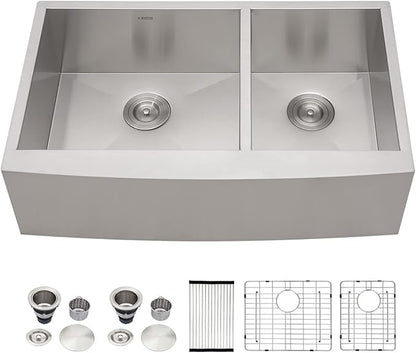 Kichae 33 Apron Double Farmhouse Sink - 33 Inch Apon Front Kitchen Farm Sink Stainless Steel 18 Gauge Double Bowl 60/40 Modern Handmade Farmhouse Sinks Basin