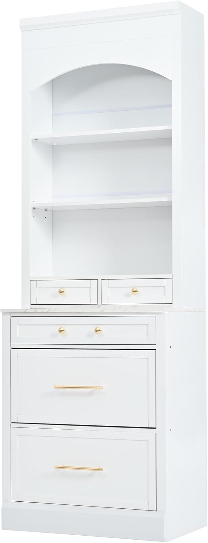 Modern 83.7inch High Kitchen Pantry Freestanding Tall Hutch with Faux Marble Top Display Cupboard with 5 Storage Drawers Practical(White)
