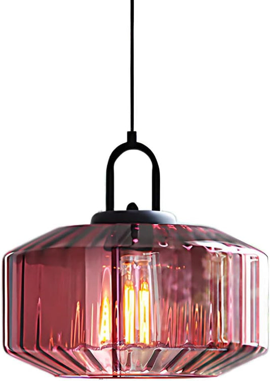 11-Inch Vintage Industrial Ribbed Glass Pendant Light Adjustable Height E26 Hanging Light for Kitchen Island Dining Room Bedroom Living Room Bar (Purple)
