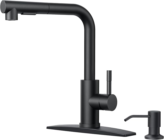 FORIOUS Black Kitchen Faucet with Soap Dispenser, Stainless Steel Sink Faucet with Pull Out Sprayer Modern Single Handle Suitable for Bar RV Farhouse Laundry Outdoor