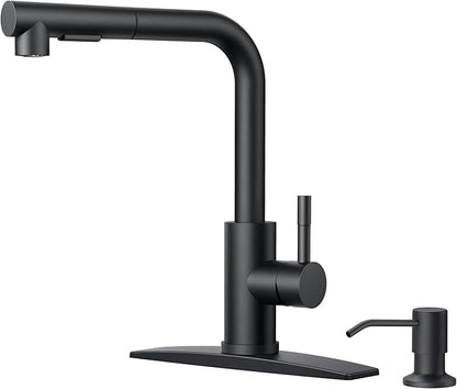 FORIOUS Black Kitchen Faucet with Soap Dispenser, Stainless Steel Sink Faucet with Pull Out Sprayer Modern Single Handle Suitable for Bar RV Farhouse Laundry Outdoor