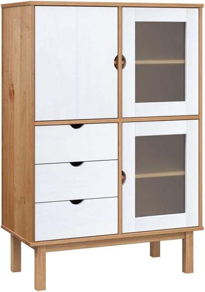 Solid Pine Wood Highboard, Brown and White Buffet Cabinet with Drawers, 33.5 x 16.9 x 49.2 Inch Tall Storage Cabinet for Living Room, Rustic Furniture Kitchen Furnitur