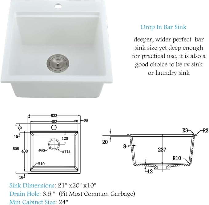 21 Inch White Bar Sink Drop In Quartz-Bokaiya 21x20 White Drop In Kitchen Sink Outdoor Rv Topmount Workstation Single Bowl Wet Bar Sinks with Cutting Board