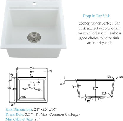 21 Inch White Bar Sink Drop In Quartz-Bokaiya 21x20 White Drop In Kitchen Sink Outdoor Rv Topmount Workstation Single Bowl Wet Bar Sinks with Cutting Board