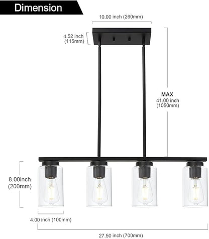 TODOLUZ Black Pendant Light Fixtures with Clear Glass Shades, 4-Lights Linar Kitchen Island Light for Farmhouse Dining Room Kitchen Pool Table