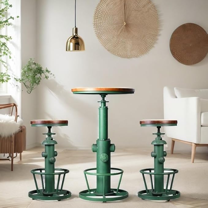 LOKKHAN Industrial Bar Table 38.6"-48.4" Height Adjustable Swivel Round Wood Tabletop 23.7" Dia, Kitchen Dining Office Coffee Bistro Pub Table (Aged Green)
