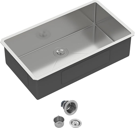 33 Inch Undermount Kitchen Sink - 33x19 Stainless Steel Kitchen Sink T304 18 Gauge Undermount Sinks Single Bowl Handmade Sinks Under the Counter, 9" Deep