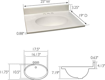Design House 586271 Cultured Marble 25-inch Vanity Top with Integrated Oval Bowl, 4 Centerset, White on White