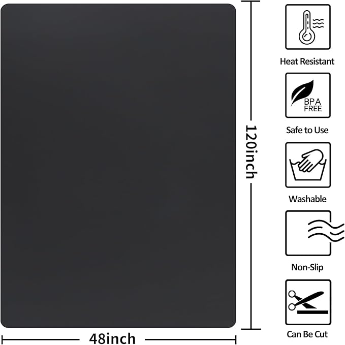 Extra Large Silicone Mat,Silicone Mats for Kitchen Counter Island Dinner Table Countertop Protector Heat Resistant Mat (120” x 48”, Black)