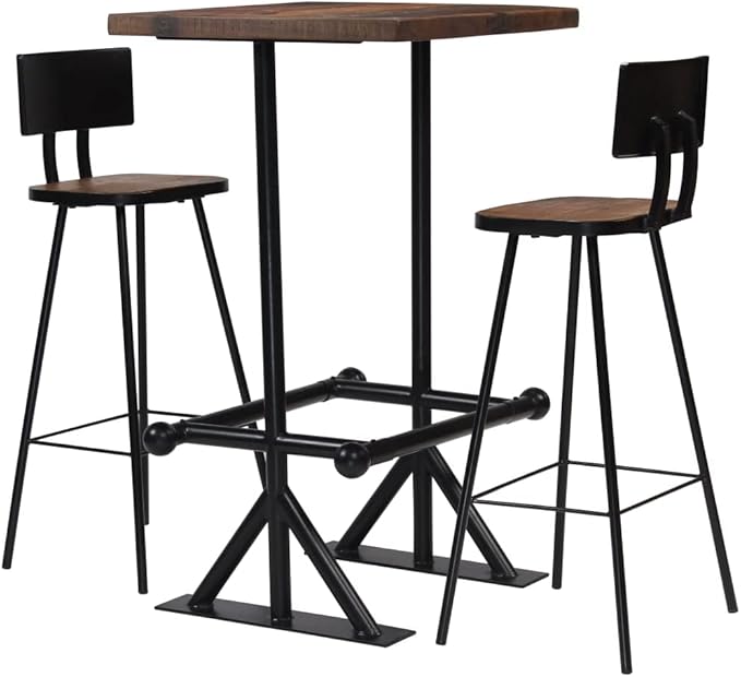3-Piece Bar Table Set, Industrial Pub Table with 2 Stools, Solid Reclaimed Wood and Powder-Coated Steel Frame, Compact Dining Furniture for Small Kitchens, Brown