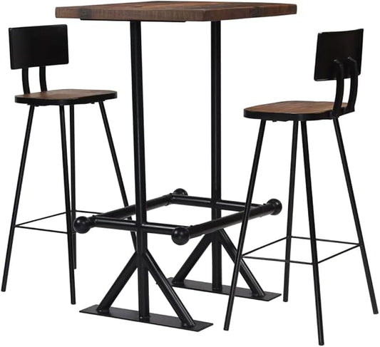 3-Piece Bar Table Set, Industrial Pub Table with 2 Stools, Solid Reclaimed Wood and Powder-Coated Steel Frame, Compact Dining Furniture for Small Kitchens, Brown