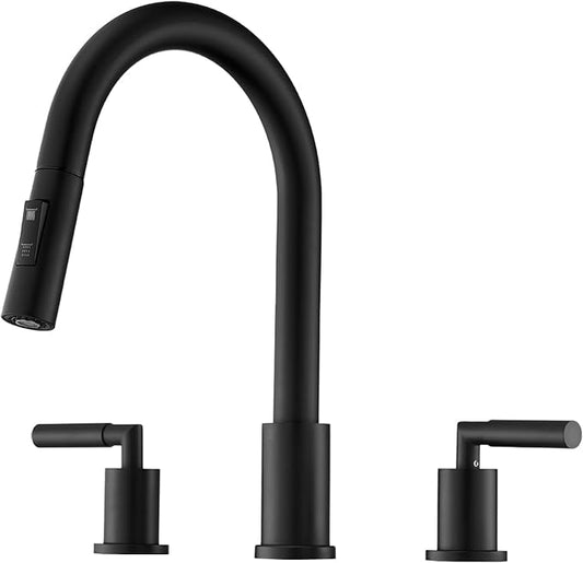 Tohlar 3 Holes Kitchen Faucet Black, 2 Handle Kitchen Sink Faucets, Black Kitchen Faucet with Pull Down Sprayer, Kitchen Sink Faucets Matte Black Stainless Steel Faucet for Kitchen Sink