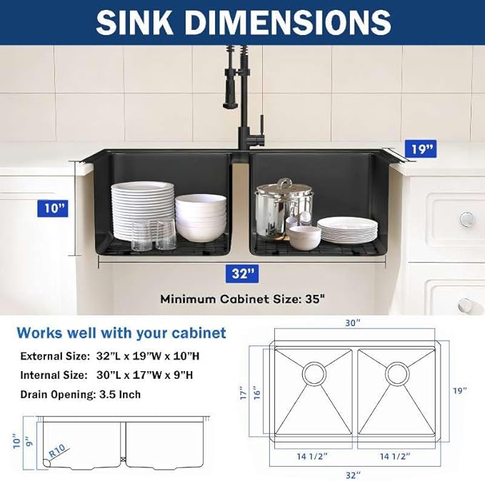 32 Inch Black Sink Undermount Double Bowl, 16 Gauge 50/50 Double Bowl Stainless Steel Workstation Sink, 32"x19"x10" Large and Deep Kitchen Sink With Accessories