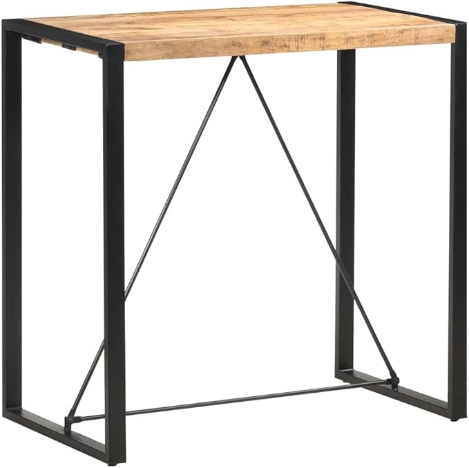 Rectangular Bar Table, Natural Mango Wood, Polished Finish, Black Steel Legs, 2-Person Dining, 43.3-inch, Indoor Kitchen & Dining Room Furniture