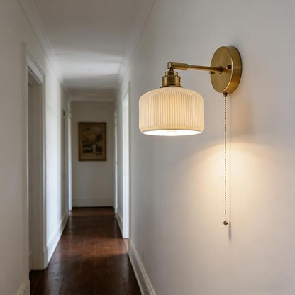 Pull Chain Wall Sconce Ceramic Light Fixture Vintage Wall Sconces with Pull Chain Switch Brushed Gold Brass Sconce Lights Fixtures Retro White Striped Ceramic Sconce for Kitchen Sink