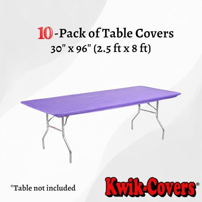 Kwik-Covers 10 Pack of Rectangular Plastic Table Covers - 6' Foot or 8' Foot Options - Indoor or Outdoor Fitted Table Covers (Table NOT Included) (Purple, 30" x 96" (8' ft))