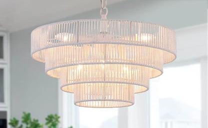 6-Lights 20" Hand-Woven Rattan Pendant Light Coastal 4 Round Transitional Minimalist Boho Large Pendant Light, for Kitchen Island Dining Room Living Room Hallway, White, UL Listed