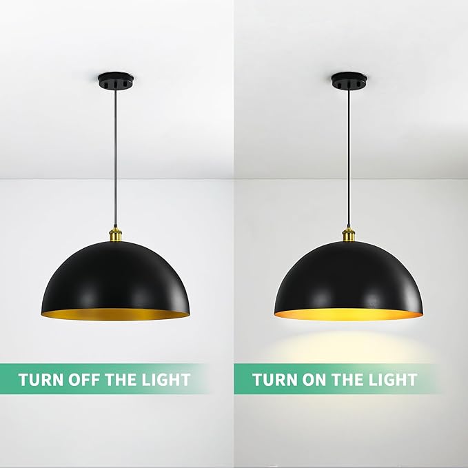 Black-Farmhouse Pendant-Light Hanging-Lamp Fixtures - 16 inch Kitchen Island Pendant Lights Industrial Dome Ceiling Lighting Dining Room Large Vintage Light for Indoor Black and Gold