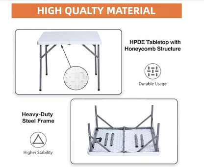 34" Square Folding Table Fold-in-Half Utility Dining Portable Table Heavy Duty HDPE with Carrying Handle, Plastic Tables for Camping,Picnic, Office, Party,Card Table (White)