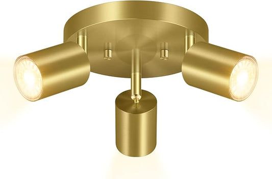 BoostArea LED 3 Light Track Lighting Kit, LED Track Lighting Fixtures, Gold Round Ceiling Spot Lighting, Flexibly Rotatable Light Head for Kitchen, Living Room, Bedroom, GU10 Bulb Not Included