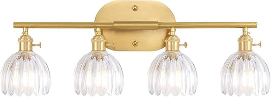 Shenmoyl Bathroom Light Fixtures, 4-Light Brass Vanity wall Light Over Mirror with Clear Tulip Glass Shade for Bedroom Living Room (Bulb Not Included)