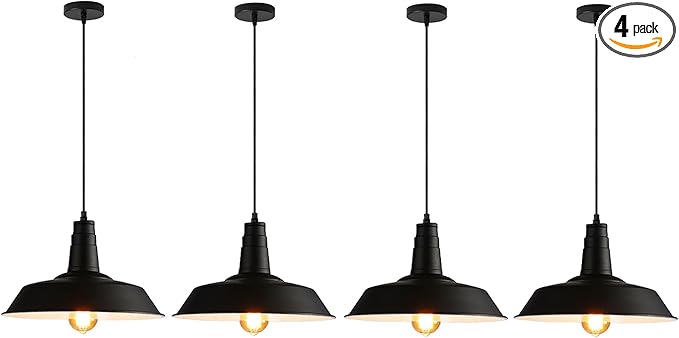 4 Pack Farmhouse Pendant Light Vintage Black, Kitchen Island Pendant Lighting 14 inch lampshade, Loft Metal Industrial Pendant Light, Adjustable Hanging E26 Light Fixtures, Bulbs Not Included